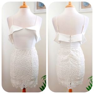 J.O.A. Lace Crochet Off The Shoulder Ruffle Bodycon Mini Dress White Small